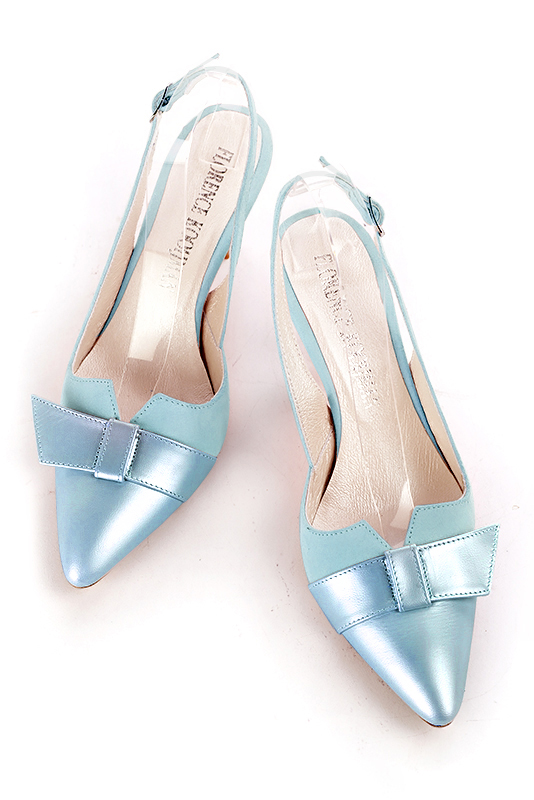 Sky blue women's open back shoes, with a knot. Tapered toe. High spool heels. Top view - Florence KOOIJMAN